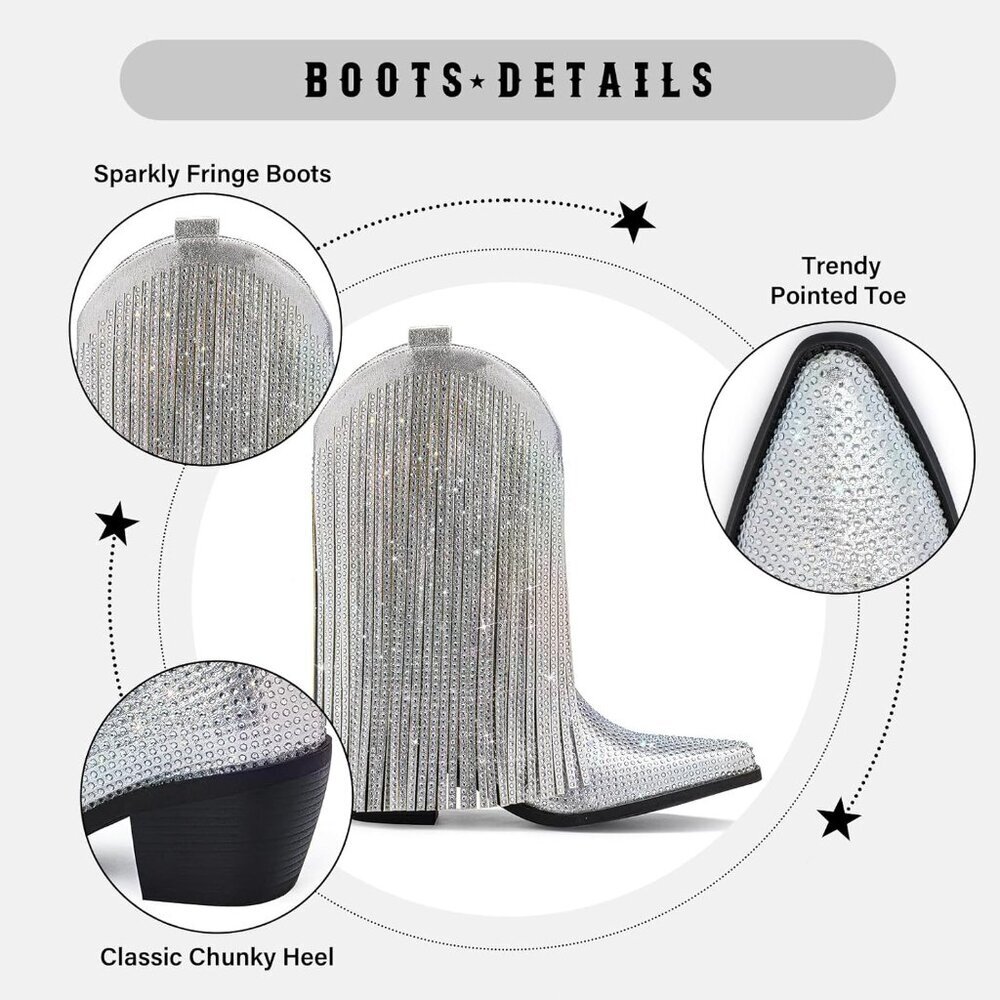 ⚡Women's Silver Mid Calf Cowgirl Boots With Star Studded Pointed Toe Chunky Heel - Picture 4 of 5